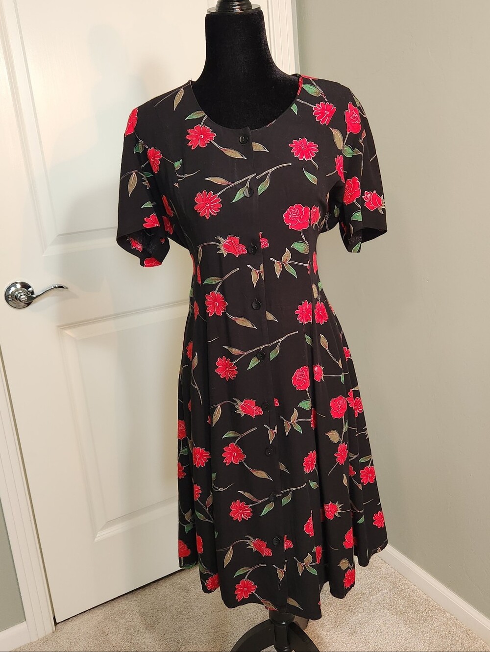 Betsy Lauren - Black Midi Dress with Red Floral Print